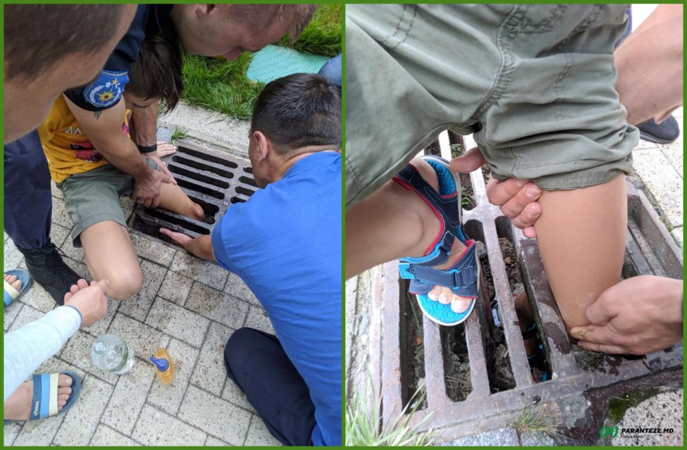 FOTO // „Smart City”. Un copil a rămas blocat în gratiile de la o gură de scurgere, chiar în centrul Capitalei